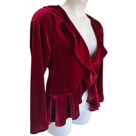 Midnight Velvet Merlot Ruffled Velour Jacket w Peplum Whimsigoth Poetcore size L - Picture 5 of 10